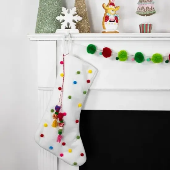 Northlight 20" White Christmas Stocking with Multicolor Pom-Poms and Tassels image {2}