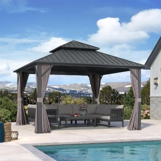 PURPLE LEAF Permanent Hardtop Gazebo Aluminum Frame Gazebo with Galvanized Steel Double Roof, UV-Resistant, Netting & Curtains included - Grey image {15}