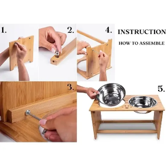 Zone Tech Elevated Pet Bowls Feeder for Dog and Cat &ndash; Raised Bamboo Stand with Two Stainless Steel Bowls Anti Slip, Perfect for Dogs and Cats image {5}