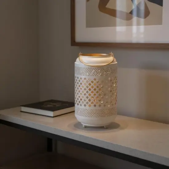 HomeRoots 14" White And Gold Pierced Lattice Metal Lantern Candle Holder image {1}