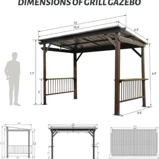6*12 FT Hardtop Grill Gazebo,Outdoor Metal BBQ Gazebo with 2 Side Shelves and Sloping Steel Roof,Metal Grill Canopy with Ceiling Hook-Coolbibila image {3}