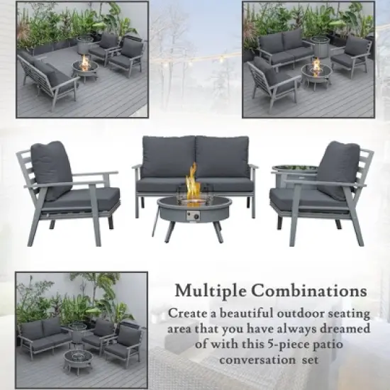 LeisureMod Walbrooke 4-Piece Outdoor Patio Conversation Set &ndash; Grey Trim Fire Pit Table with Cushioned Ottoman for Patio, Deck, Balcony & Backyard image {7}
