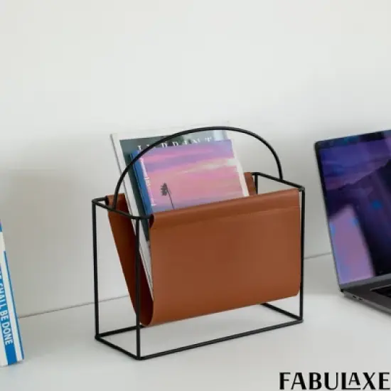 Fabulaxe Gold-Tone Metal Magazine Rack with Brown Faux Leather Sling Freestanding Organizer for Magazines Newspapers & Files image {7}