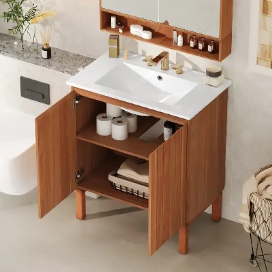 Christopher Knight Home Randi Vintage Minimalist 30" Modern Bathroom Vanity with Ceramic Sink, Antique Natural image {1}