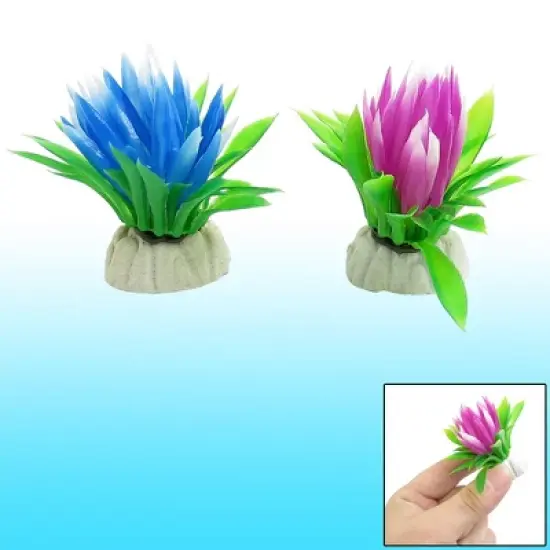 Unique Bargains Plastic Lotus Flower Plant Decor for Aquarium Tank Green Blue 2 Pieces image {1}