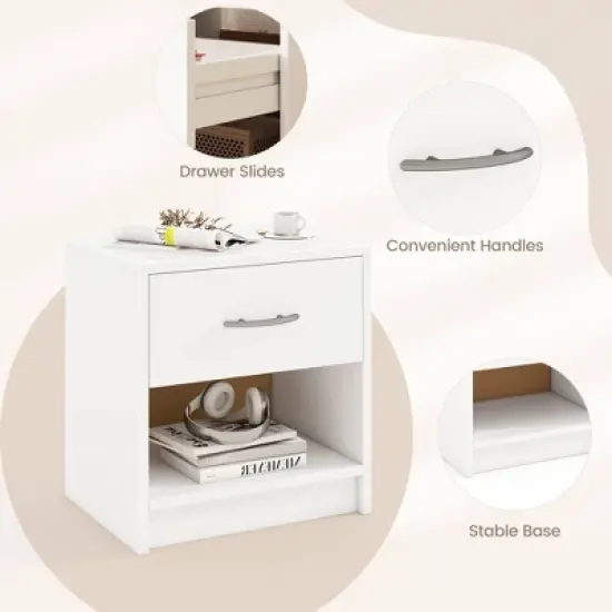 Costway Modern Nightstand Bedside Table with Drawer Open Storage Shelf for Small Spaces White image {7}