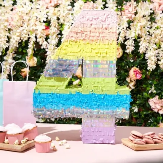 Blue Panda Large Number 4 Pinata for Kids 4th Birthday Party Decorations, Rainbow Pastel, 21 x 15 In image {1}