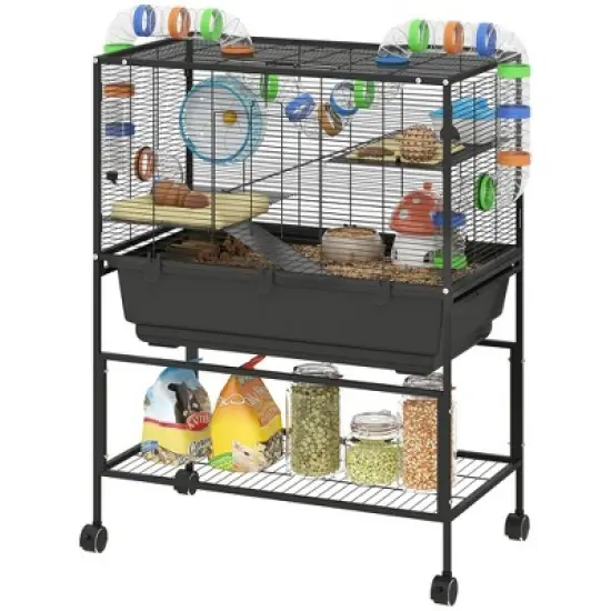PawHut Hamster Cage, Rolling Rat Cage with Deep Tray, Storage Shelf, Big Exercise Wheel, Hut, Tube System, for Syrian, Gerbil, Mouse image {3}