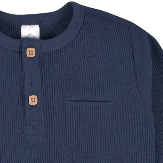 Gerber Toddler Boys' Waffle Knit Henleys - Dusty Blue & Navy - 2-Pack image {4}