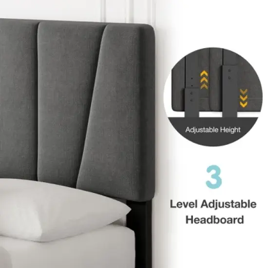 Bed Frame with Adjustable Headboard, Linen Upholstered Platform Bed Frame with Strong Wooden Slats, Mattress Foundation image {3}