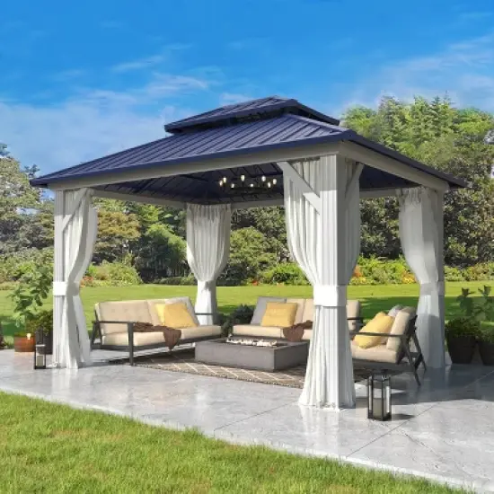 EROMMY 10' X 12' Hardtop Gazebo with Galvanized Steel Roof, All-Season Aluminum Outdoor Pergola with Netting & Curtains image {3}