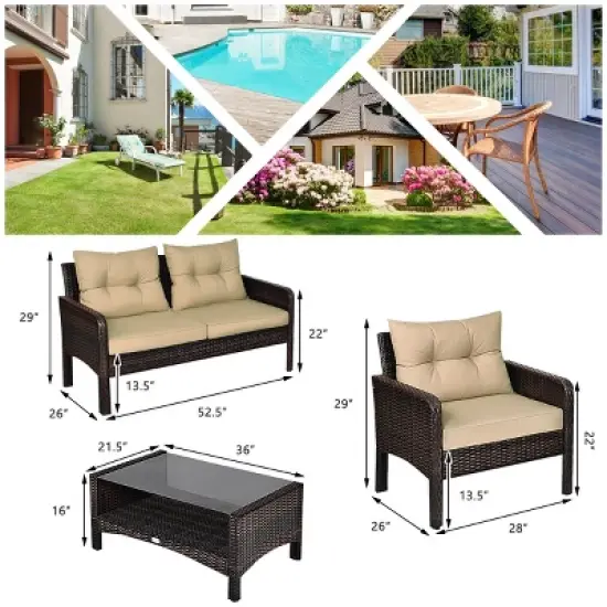 Tangkula 4 Pieces Patio Conversation Set Rattan Wicker Loveseat Sofa Coffee Table & Glass Top image {4}