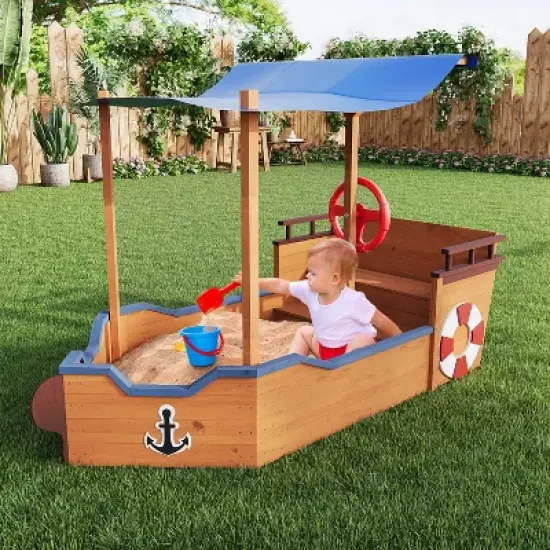 Outdoor Sandbox with Cover & Rudder, Pirate Ship Wooden Sand Box for Kids Ages 3-8, Children Outdoor Play Equipment, Brown image {7}