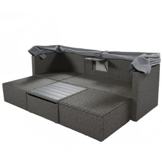 Outdoor Patio Rectangle Rattan Daybed with Retractable Canopy, Cushions and Lifting Table-ModernLuxe image {4}