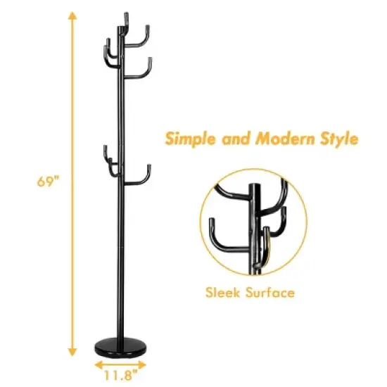 Costway Metal Coat Rack Hat Stand Tree Hanger Hall Umbrella Holder Hooks Black image {7}