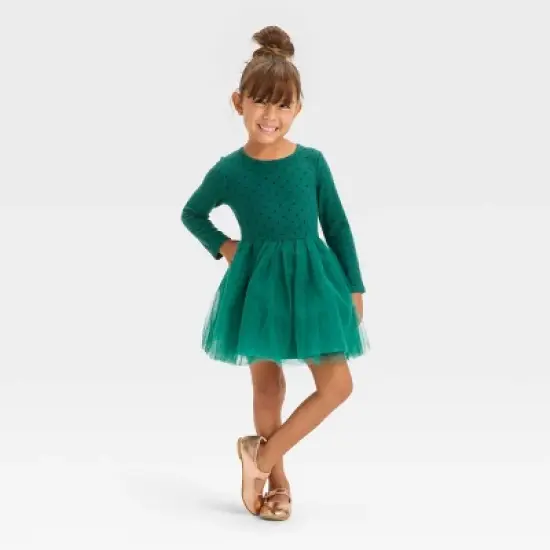 Toddler Girls' Dot Long Sleeve Knit Tulle Dress - Cat & Jack&trade; Green image {3}