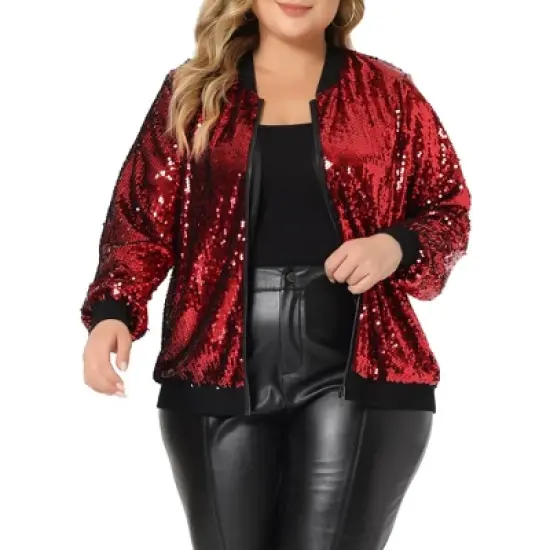 Agnes Orinda Women's Plus Size Party Metallic Sequin Sparkle Zip Bomber Jackets image {9}