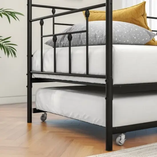 Twin Size Daybed Metal Frame with Trundle Set, Twin Day Bed Sofa, Daybed and Roll Sofa Bed for Guest Room, Bedroom, Living Room, Victorian Style image {5}