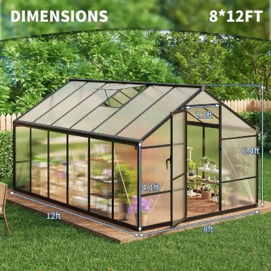 GustoWave 8x12 ft Outdoor Polycarbonate Greenhouse for Garden, Backyard, Patio, or Lawn image {1}