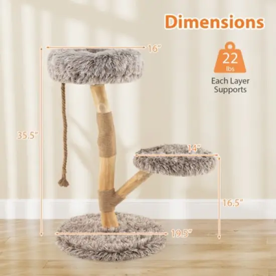 Tangkula Solid Wood Cat Tower Modern Cat Scratching Tree w/Luxurious Perch Teasing Rope image {8}