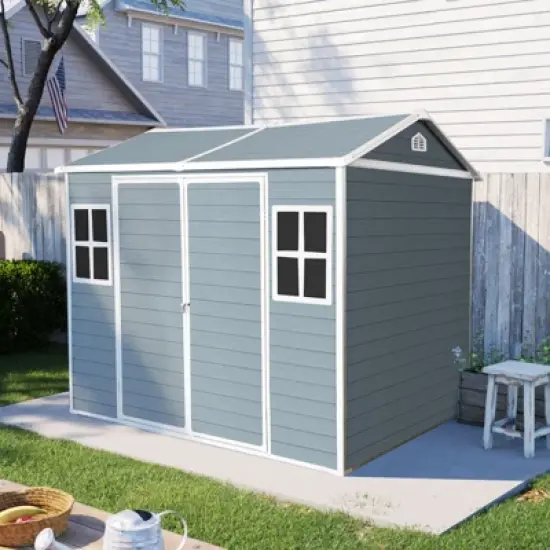 8 x 6 ft Resin Outdoor Storage Shed Waterproof Shed with Floor & Two Windows & Lockable Door, Tool Shed for Garden, Patio, Backyard,Gray image {7}