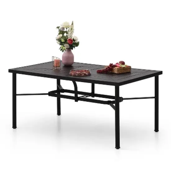 7pc Outdoor Dining Set with Svivel Chairs with Cushions & Large Metal Rectangle Table with Umbrella Hole - Captiva Designs image {1}