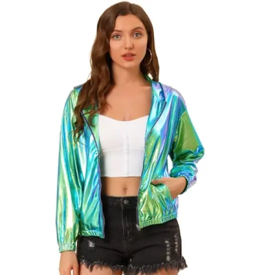 Allegra K Women's Holographic Shiny Long Sleeve Zipper Hooded Metallic Jacket image {8}