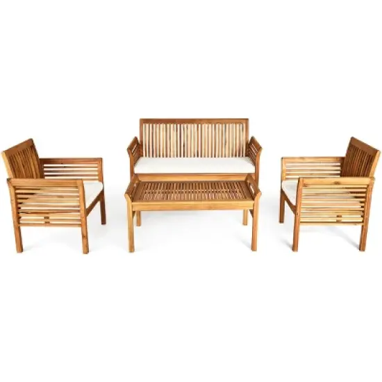 Tangkula 4-Piece Patio Acacia Wood Sofa Set Conversation Table Chairs with Beige Cushions image {3}