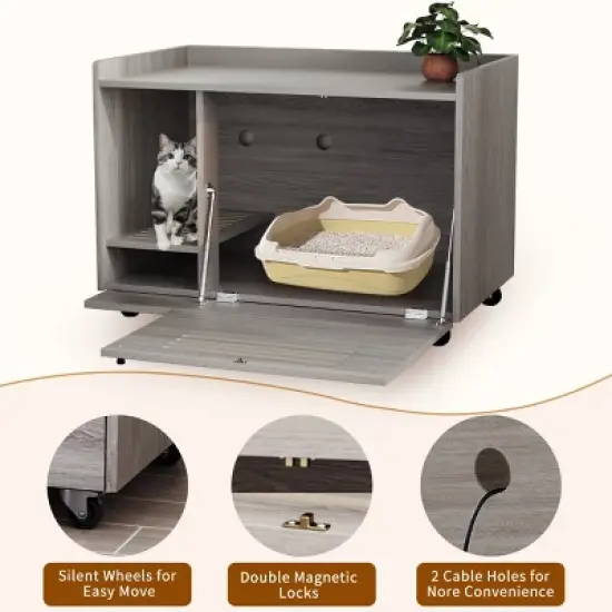 Litter Box Enclosure Furniture with Wheels, Cat Litter Box Cabinet with Mat and Ventilation,Hidden Pet House Side Table-Maison Boucle image {6}