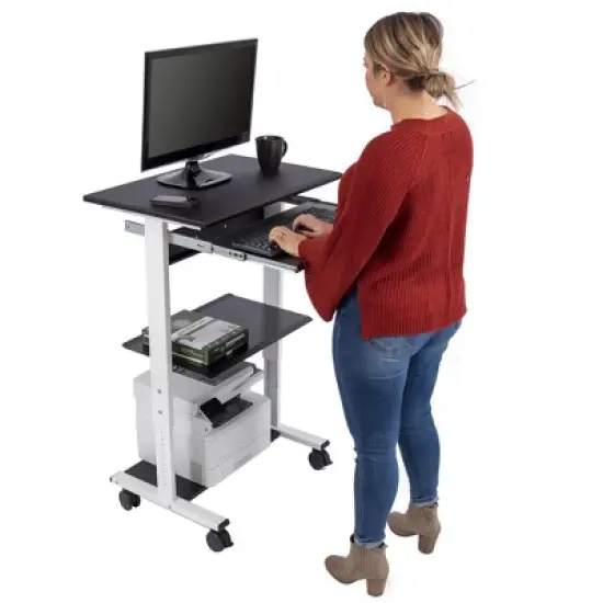 Stand Up Desk Store Mobile Rolling Adjustable Height Standing Workstation with Printer Shelf and Slideout Keyboard Tray image {3}