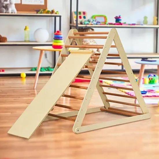 Costway Foldable Wooden Climbing Triangle Indoor Home Climber w/ Ladder for Toddler Baby image {2}