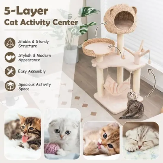 Costway 48'' Tall Cat Tree Tower Multi-Level Play Activity Center withCondo Hammock Cushion image {3}
