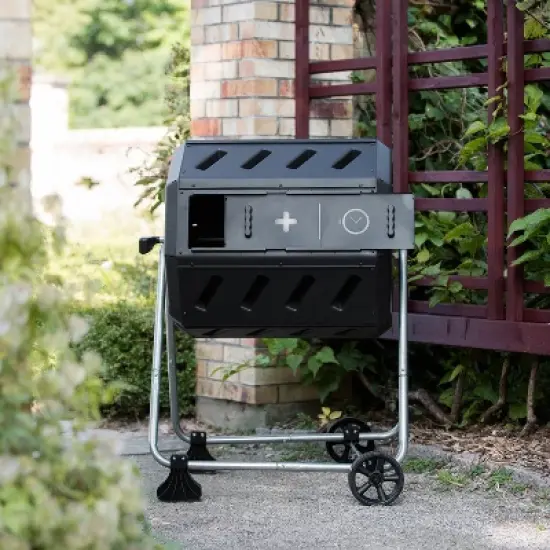 FCMP Outdoor IM4000-WK 37 Gallon Plastic Dual Chamber Tumbling Composter Outdoor Elevated Rotating Garden Compost Bin with Wheels, Black/Black image {5}