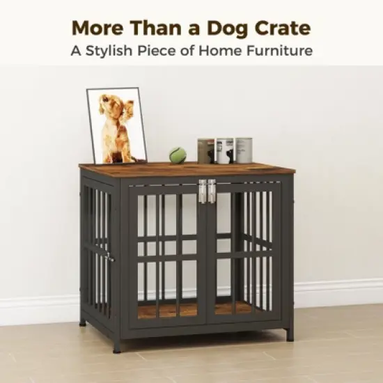 XBRIGH 26in Dog Crate with Lock & Double Door, Wooden Kennel End Table for Small/Medium Dogs, Aged Black image {2}