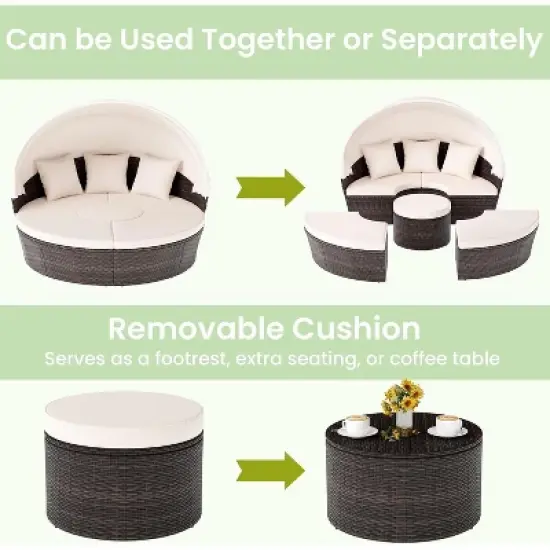 Tangkula Patio Round Daybed with Retractable Canopy PE Rattan Cushioned Sectional Seating with Center Table Couch & Throw Pillows Outdoor Sunbed image {3}