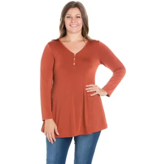 24seven Comfort Apparel Womens Plus Size Flared Long Sleeve Henley Tunic Top image {6}