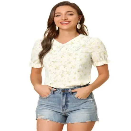 Allegra K Women's Floral Peter Pan Collar Lace Trim Ruffle Sleeve Blouses image {6}