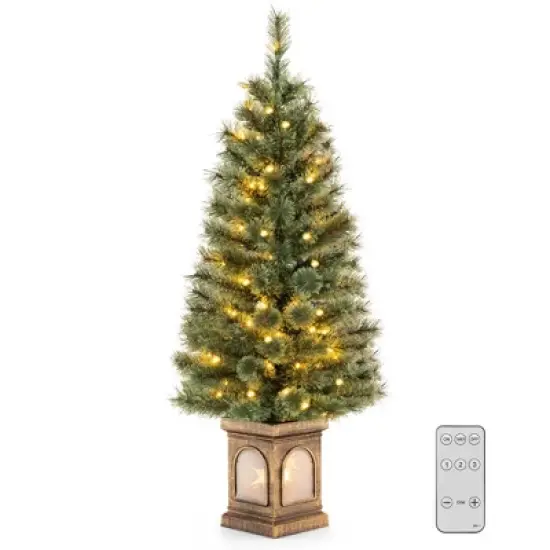 Costway 4 FT Pre-Lit Potted Christmas Tree Pine Needles 3 Dynamic Modes Remote Control image {10}