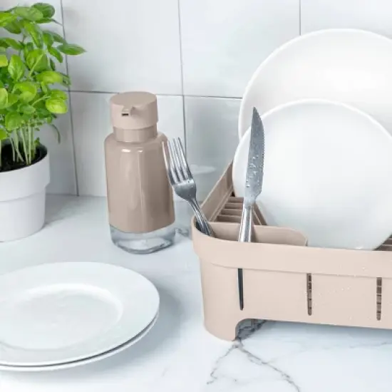 OU Dish Drying Rack for Kitchen Counter, Freestanding Plastic Dish Strainer with Utensil Holder, Compact Dish Drain for Plates, Cups & Cutlery image {3}