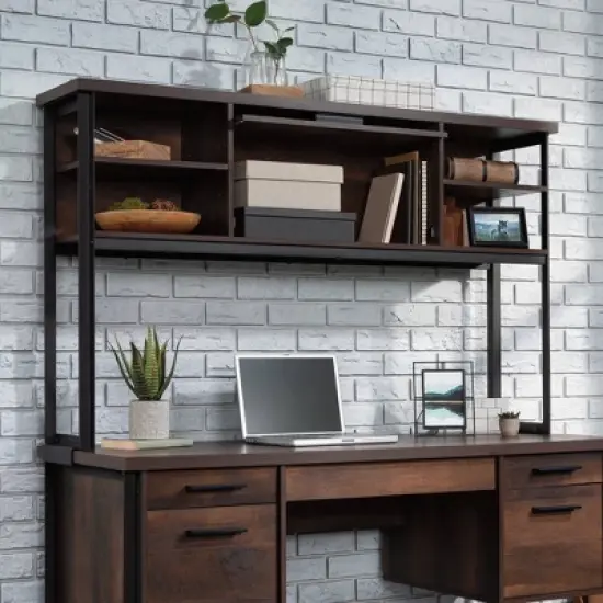 Sauder Briarbrook Computer Desk with Hutch Barrel Oak: Laminated Workstation, Metal Hardware, Open Storage Shelf image {2}