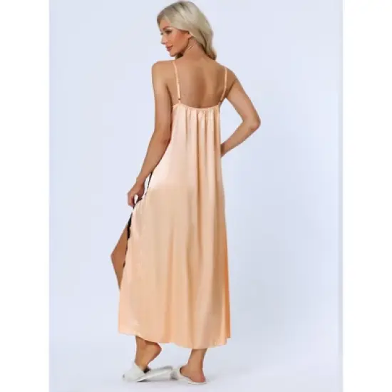 cheibear Womens Satin Nightgown Lace Cami Dress Maxi Long Gown Pajama Nightwear image {2}