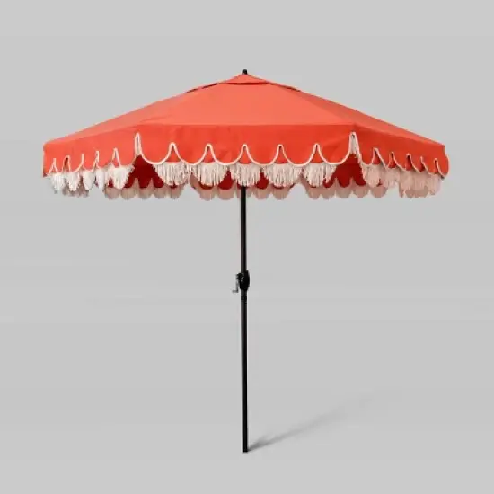 9' Sunbrella Scallop Base and Fringe Market Patio Umbrella with Auto Tilt - Bronze Pole - California Umbrella image {5}