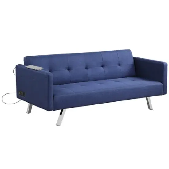 Costway Convertible Futon Sofa Bed Folding Recliner w/USB Ports&Power Strip Grey\Blue image {10}