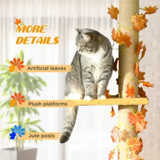 MaseiKar Cat Tree, 80" - 95" Adjustable Tall Cat Tower, 3-Level Cat Climbing Towe for Indoor Cats with Sisal Scratching Post,Platforms, Leaves, Orange image {1}