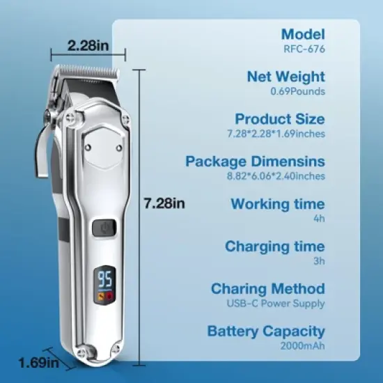 Oneisall RFC-676 Cordless Dog Clippers - Low Noise, Waterproof, for Thick Coats w/ Stainless Steel Blade image {10}