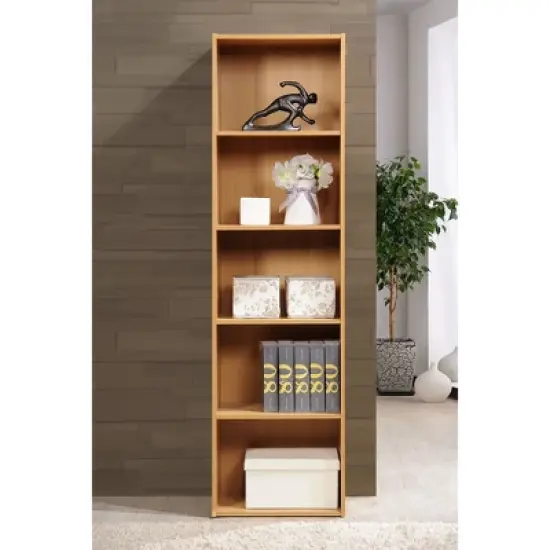 Hodedah Import 12 D x 16 W x 60 H Inch 5 Shelf Bookcase Storage Organizer Solution for Living Room, Bedroom, or Office, Beech Wood Finish image {3}