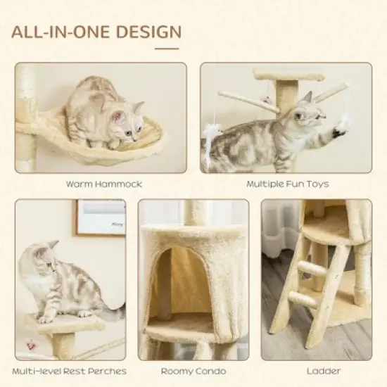 53" Plush Sturdy Interactive Cat Condo Tower Scratching Post Activity Tree House - Beige image {1}