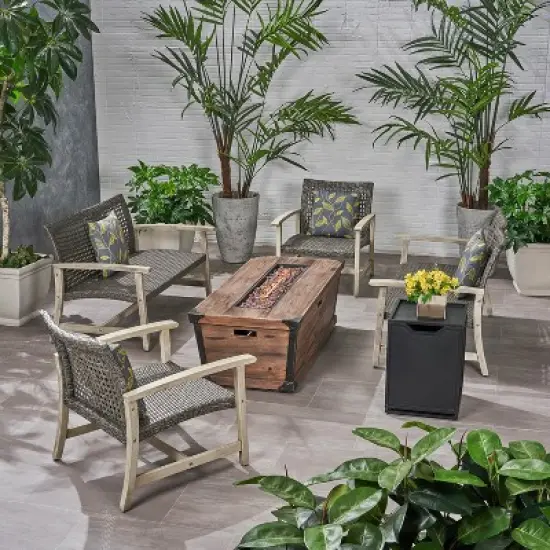 Christopher Knight Home Hampton Outdoor Acacia Wood and Wicker 6 Seater Chat Set with Fire Pit image {14}
