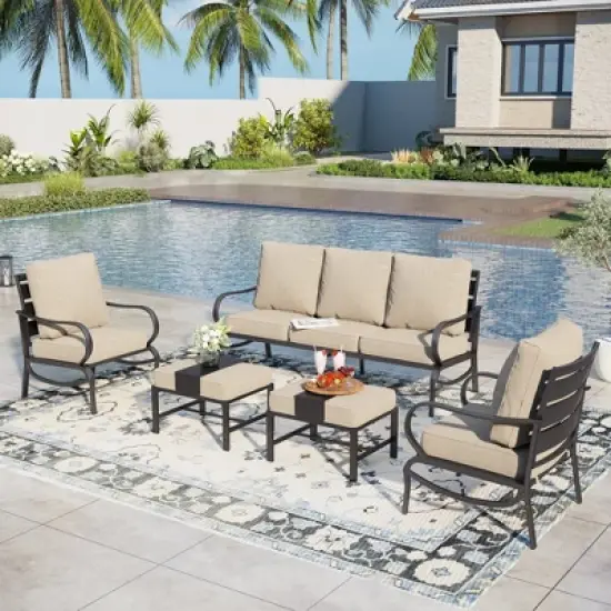 Captiva Designs 5pc Metal Patio Furniture Conversation Set with Ottomans for Garden Porch Backyard image {9}