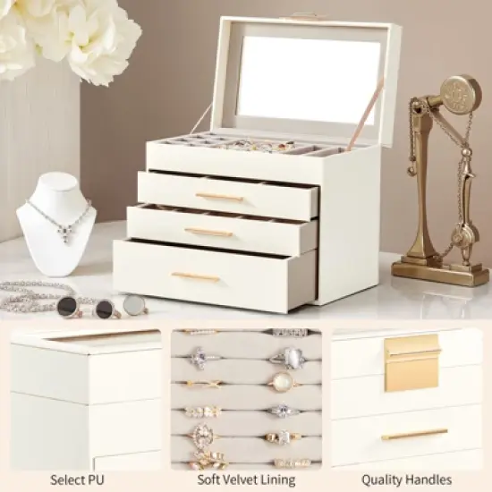 Gulches Deluxe 2-Drawer Jewelry Box with Clear Top View &uml;C White & Pink Velvet Storage Case image {1}